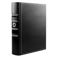 Elegant black leather binder with silver accents and white stitching perfect for organizing documents and presentations on transparent background