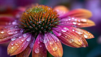 Close-up of pink and orange echinacea in full bloom with water droplets on petals, vibrant colors and detailed textures against dark green background