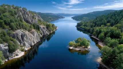 Fototapeta premium A Scenic Journey Through Nature's Majesty: A Wide-Angle Aerial View Over a Tranquil Fjord With Stunning Waterfalls and Majestic Mountains