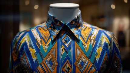 Fototapeta premium Mannequin wears brightly patterned shirt with blues, orange and yellow hues