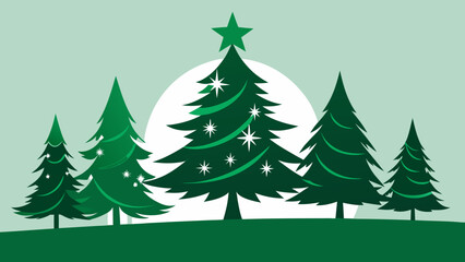 Obraz premium Vector art of a serene christmas tree forest with a full moon, a minimalist vector illustration for winter holidays and seasonal greetings