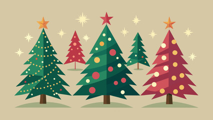 Obraz premium Vector art of a festive collection of christmas trees with stars and ornaments, perfect for holiday cards, decorations, and backgrounds, creating a joyful atmosphere
