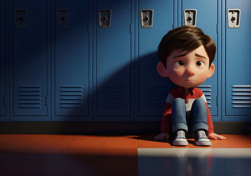 Sad young boy sitting alone by school lockers looking forlorn and upset conveying loneliness or bullying