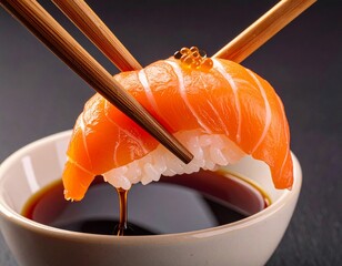 Salmon sushi nigiri being dipped into soy sauce with chopsticks, showcasing fresh seafood and traditional Japanese cuisine in a closeup shot.