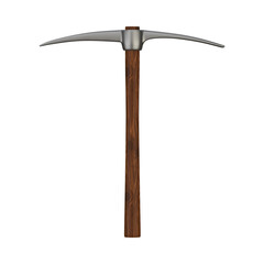 A realistic rendering of a pickaxe with a metal head and a wooden handle, isolated on a white background.
