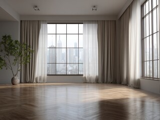 Fototapeta premium A large room with a window and a plant