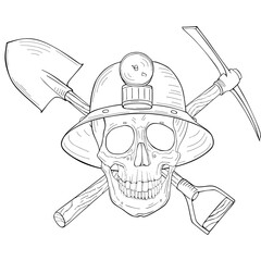 A black and white drawing of a skull wearing a miner's helmet with a lamp, crossed with a shovel and a pickaxe.