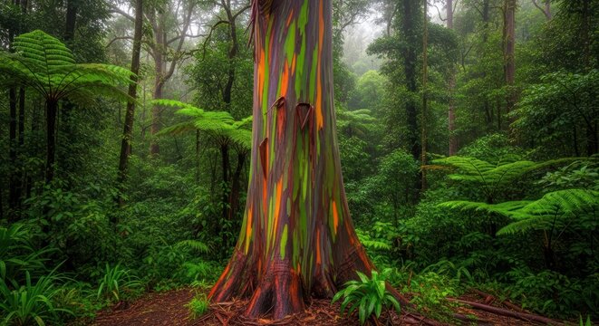 Colorful rainbow eucalyptus tree in lush misty forest environment - Powered by Adobe
