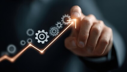 Hand pointing at a rising graph with gears