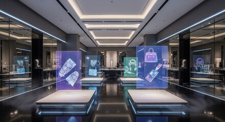 Naklejka premium A luxury retail store captivates shoppers with sleek, transparent holographic displays showcasing high-end accessories.