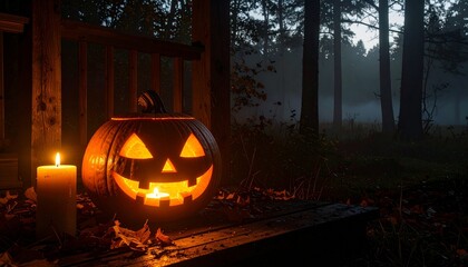A carved pumpkin glowing with candlelight on a foggy porch at night, eerie atmosphere, dark spooky forest background, halloween theme