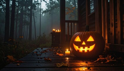 Fototapeta premium A carved pumpkin glowing with candlelight on a foggy porch at night, eerie atmosphere, dark spooky forest background, halloween theme