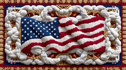 Intricate Textile Design Featuring Draped American Flag with Rope Border and Ornate Details