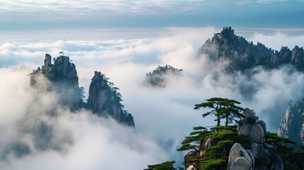 Fototapeta premium Huangshan (Yellow Mountain), Anhui: China’s Iconic Scenic Spot with Misty Peaks, Pine Trees & Sea of Clouds. Perfect for Hiking, Photography & Cultural Exploration.