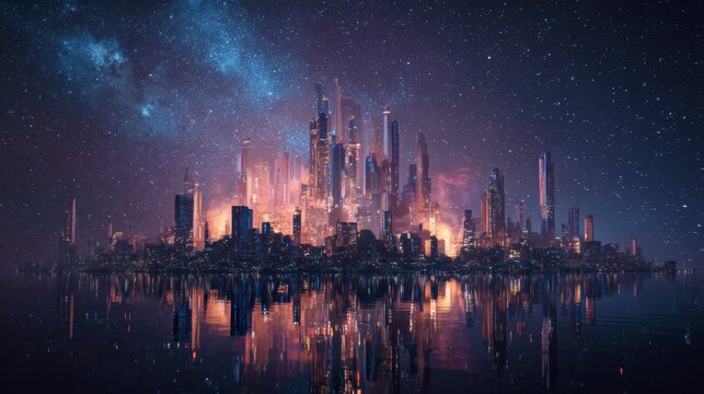 A futuristic floating city under a sky full of neon-colored stars, cyberpunk sci-fi