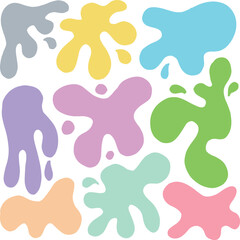 Color ink blots Colorful paint splatters and drips splashes. Bright, playful, bold abstract graffiti spots for kids art blobs, comics, pop art design. Vector isolated set