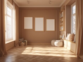 Fototapeta premium A room with a tan wall and wooden floors
