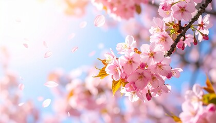 Cherry blossom trees blooming in a tranquil garden, a renewal of the season