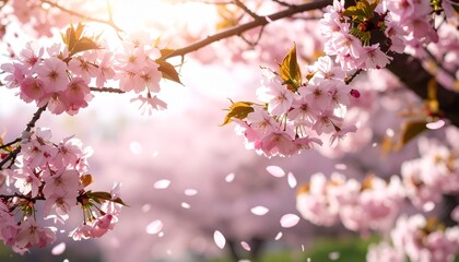 Cherry blossom trees blooming in a tranquil garden, a renewal of the season