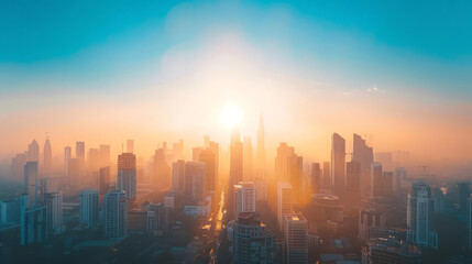 Fototapeta premium Aerial view of a modern city skyline bathed in the warm golden light of a beautiful sunrise, with hazy fog among the skyscrapers.