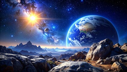 Amazing view of planet earth from the surface of the moon