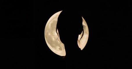 Turning female silhouette shifting face toward camera against night sky, with full moon backdrop - Powered by Adobe