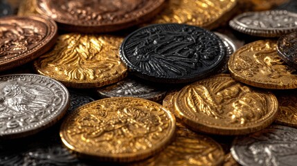 A diverse array of ancient coins showcasing vibrant colors and intricate engravings, highlighting their historical significance and artistry.