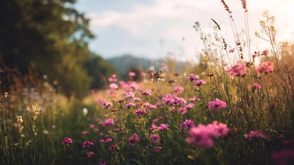 Obraz premium Wildflower meadow golden hour with soft dreamy sunlight and natural warm tones peaceful floral landscape for seasonal stock art