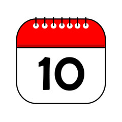 Illustration of a calendar template icon with the number 10 in red and white with black lines. New Year, stickers, posters, banners.