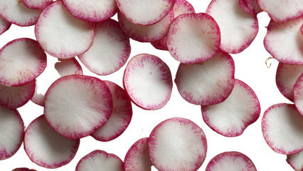 Freshly sliced radishes with vibrant pink edges on light background, showcasing healthy vegetables and natural food freshness on transparent background