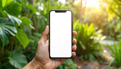 Smartphone held in hand with blurred city background.