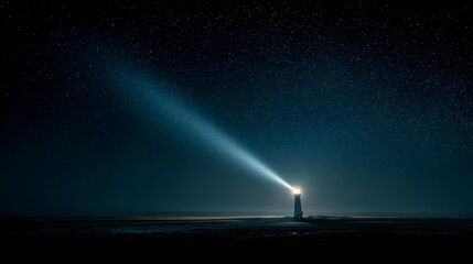 A lighthouse illuminating a vast starlit ocean horizon, cinematic realism, 