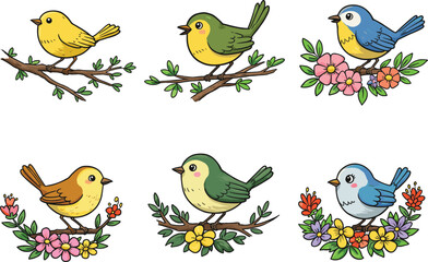 Colorful cartoon birds perched on branches and flowers, cute vector illustration set, spring nature wildlife art for children and decor