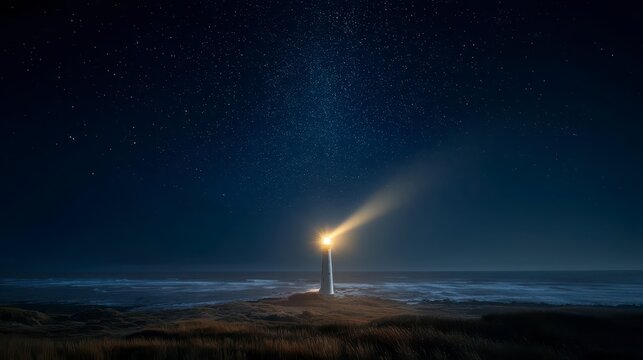 A lighthouse illuminating a vast starlit ocean horizon, cinematic realism, 