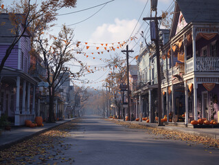 Naklejka premium Streets of an old American town are decorated for Halloween
