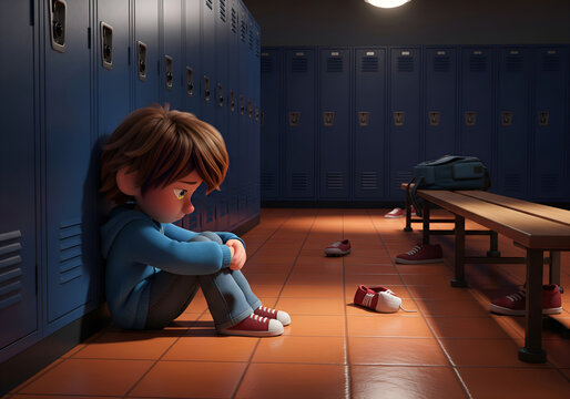 Upset young boy sitting alone in dimly lit school locker room feeling sad and lonely, a poignant moment