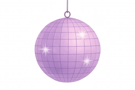 Purple disco ball reflecting light and hanging on a transparent background, perfect for party and celebration visuals - Powered by Adobe