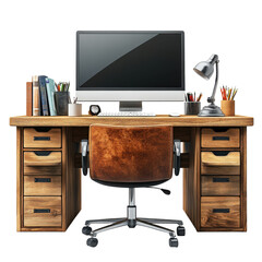 Rustic wooden desk setup featuring a computer leather chair books and lamp creates a cozy and productive workspace atmosphere for home or office use on transparent background