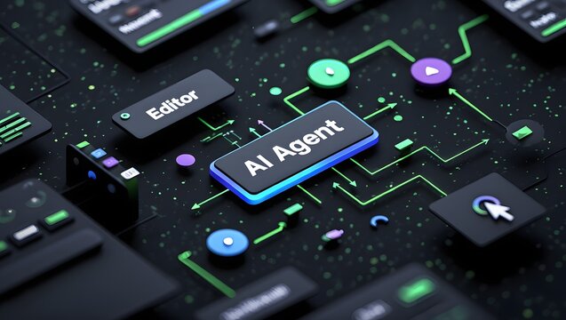 AI workflow automation artificial intelligence software interface nodes triggers data tool dashboard coding icon flow process technology 3d rendering.