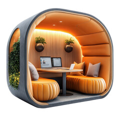 Modern office pod with laptops plants and orange seating provides a quiet workspace for focused work and collaboration in a contemporary environment on transparent background