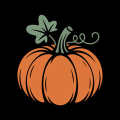Stylized orange pumpkin with green leaf and vine, a classic autumn harvest symbol. Vector s.eps illustration isolated on black