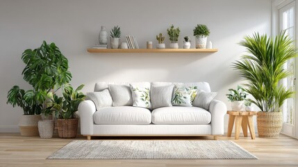 Obraz premium Bright Living Room with White Sofa, Plants, and Natural Light
