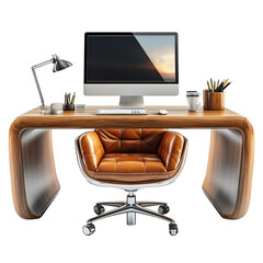 Modern executive desk setup featuring a wooden desk leather chair computer and lamp against a for home office inspiration on transparent background