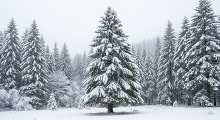 Fototapeta premium Snow-covered pine forest in winter wonderland landscape