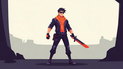 Obraz premium Confident swordsman stands guard in rocky cave entrance, holding katana with orange blade against a desolate landscape, exuding strength and determination.