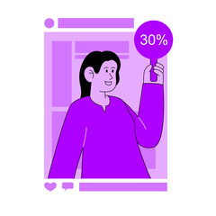 Flat Illustration Woman Holding Sign with 30 Percent Discount in App