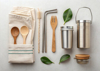 Zero waste kitchen utensils flat lay with bamboo cutlery, glass jars, and eco-friendly tools on neutral background,