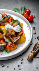 Veggie salad with creamy dressing. Freshly prepared salad featuring roasted vegetables, creamy dressing, and vibrant tomato, garnished with herbs.