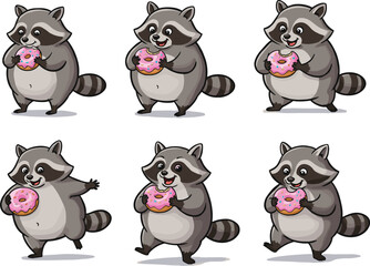 Cute cartoon raccoon holding pink frosted donut with sprinkles, playful animal mascot illustration for kids, dessert, bakery, sweet food design