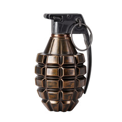 Hand grenade with a metallic finish, ready for action, isolated on transparent area